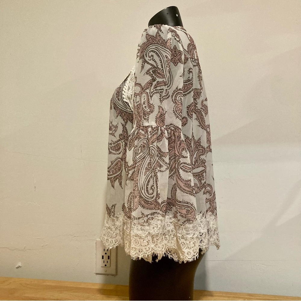 Loft Bohemian Sheer Bell Sleeve Lacy Blouse Paisley Pink Purple Off-White Small - Picture 6 of 16
